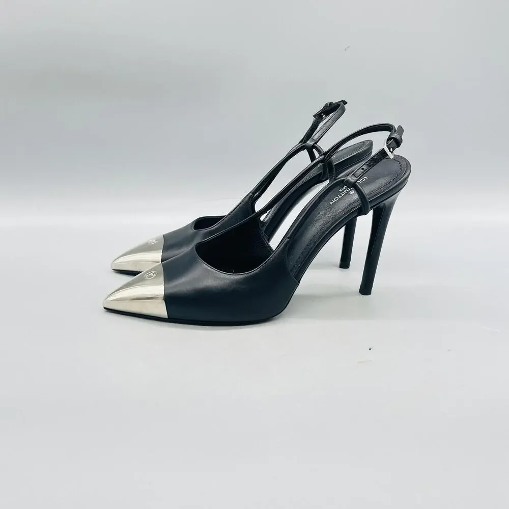 Louis Vuitton Shoes Womens 6.5 Black Leather Cap Toe Slingback Stiletto Heels - Picture 4 of 12